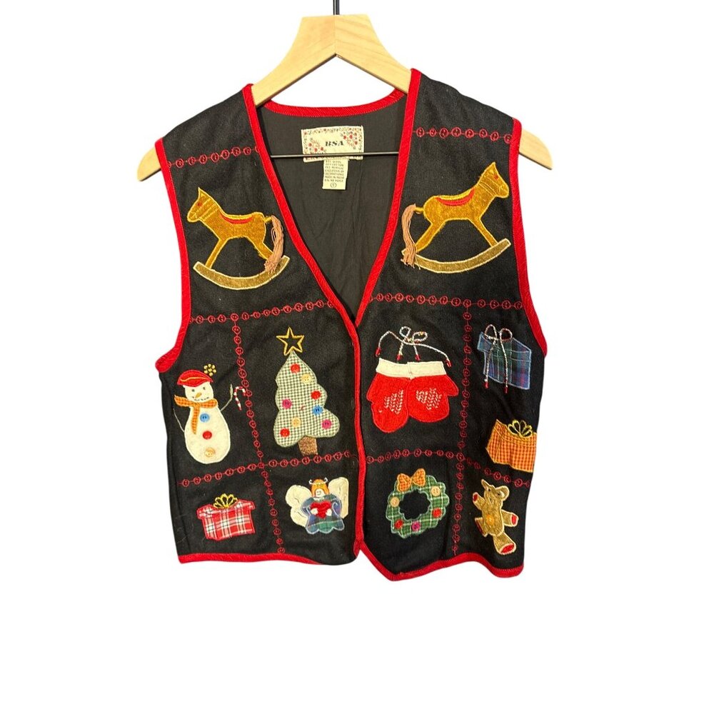 Vintage Small BSA‎ Holiday Vest With Embroidered Christmas Motifs In Black & Red